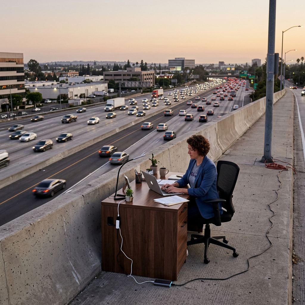 Person sitting at a desk working on a laptop next to a highway with heavy traffic