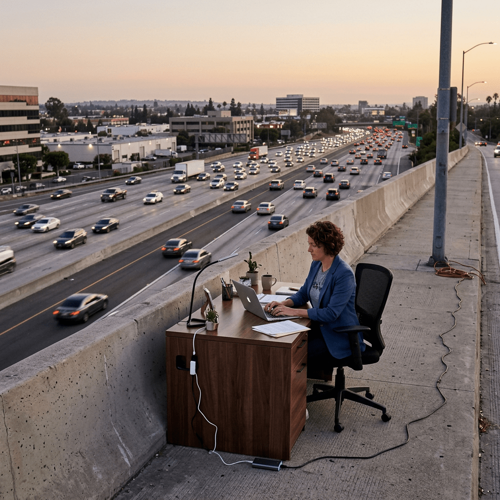 Person sitting at a desk working on a laptop next to a highway with heavy traffic